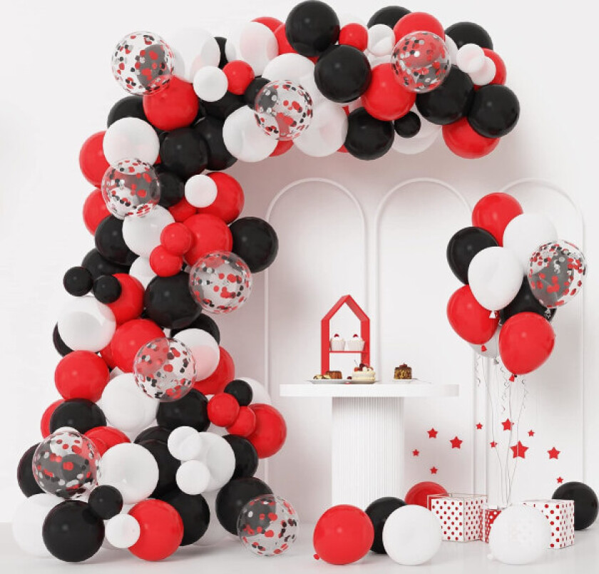 133stk rød, svart og hvit ballongbue-sett, rød og svart hvit ballongbue med konfettifylte ballonger til bursdag og eksamensdekorasjoner