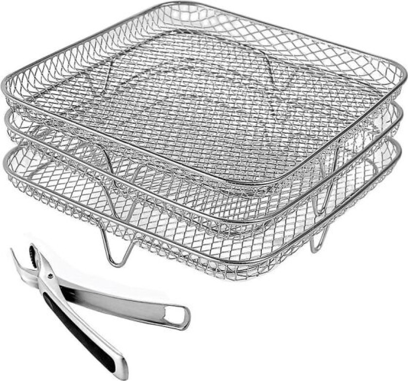 8 Tommer Luftfrityrkurv Kvadratisk Tre Stabelbare Kurver, Rustfritt Stål Flere Lag Dehydrator Kurv, Luftfrityr Tilbehør