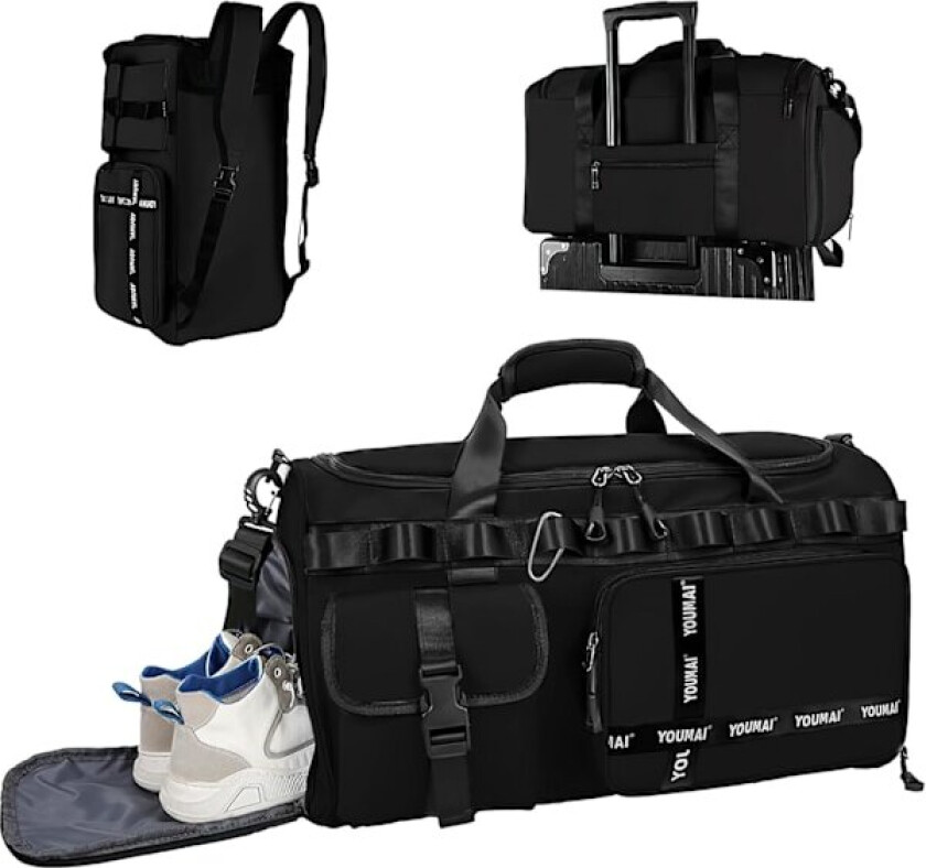 Gymbag, Sportsbag med Skofack, Gymbag, Weekendbag med Våtlomme, 2 i 1 Ryggsekk, Stor Kapasitet, Sammenleggbar