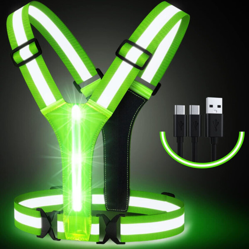 LED Refleksvest, USB Ladbar, Justerbar Midje/Skulder
