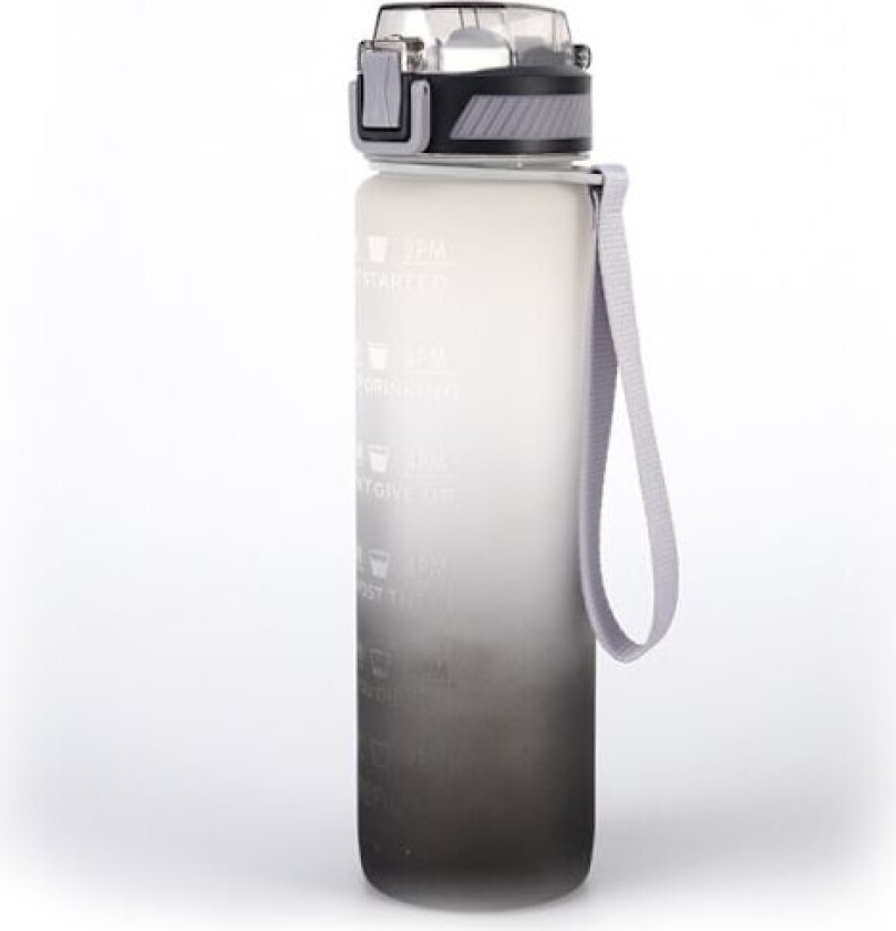Drikkeflaske med sugerør, 1000 ml drikkeflaske med tidsmarkeringer - Tritan BPA-fri - Sportsvannflaske lekkasjesikker med låsedeksel grå/svart