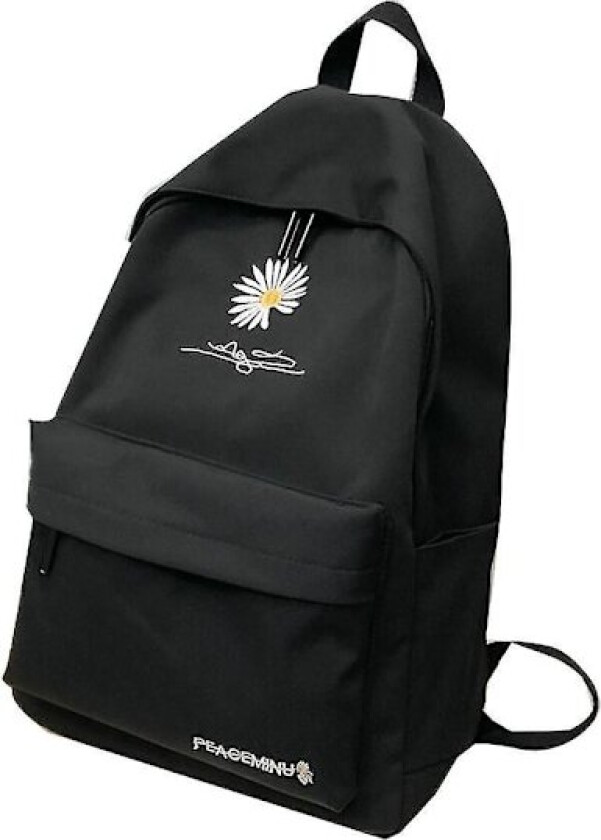 Høy kapasitet ensfarget ryggsekk Jente skolesekker for tenåring Nylon skolesekk Daisy Printing Bag Svart