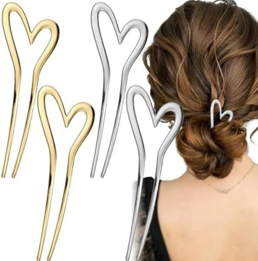4 PAKKE Gull Metall U-formede Hårnåler, Stor Fransk Hårnål, Hjerte Hårpinner Hårnål Vintage Hårpinner Frisyre Chignon for Kvinner Jenter