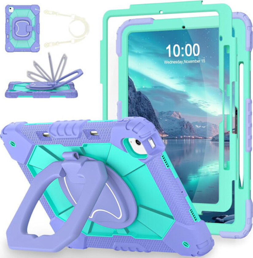 IPad Air 11-tommers deksel M2 2024 med pennholder/skjermbeskytter/360° roterende stativ, militærgradert støtsikkert beskyttelsesdeksel for iPad Air Ca Green