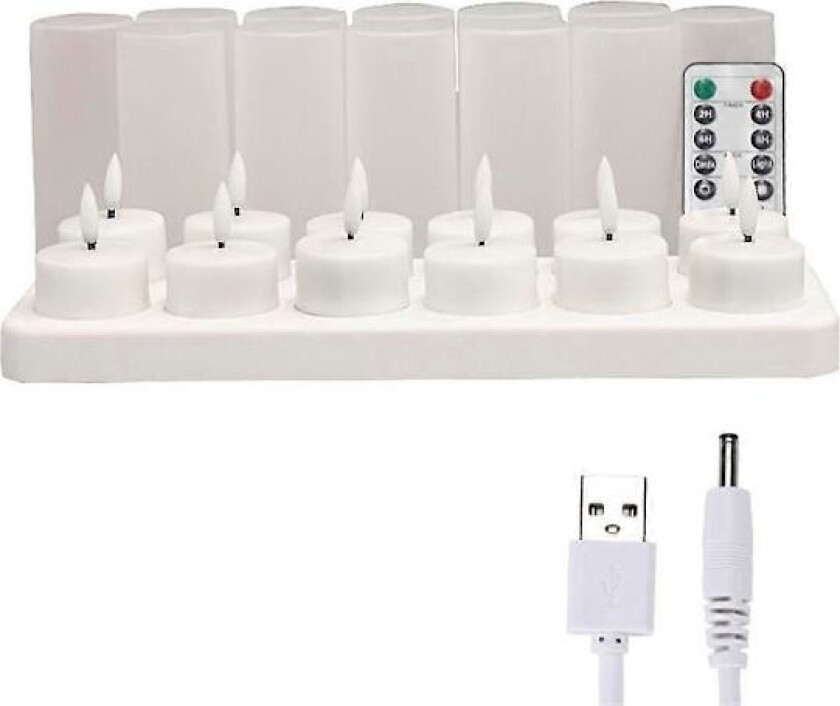 Varme flammeløse lys med fjernkontroll, timer og ladestasjon, 12 stk USB-oppladbare LED-telys