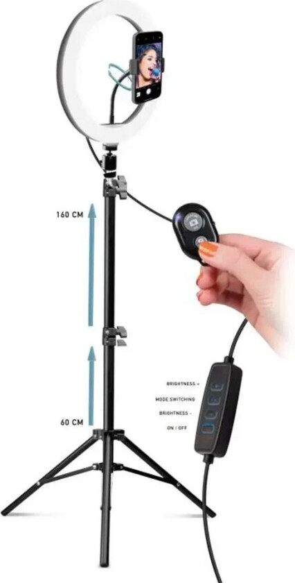 10" LED-Ringlys m. Justerbart Stativ, Holder & Fjernkontroll - Svart