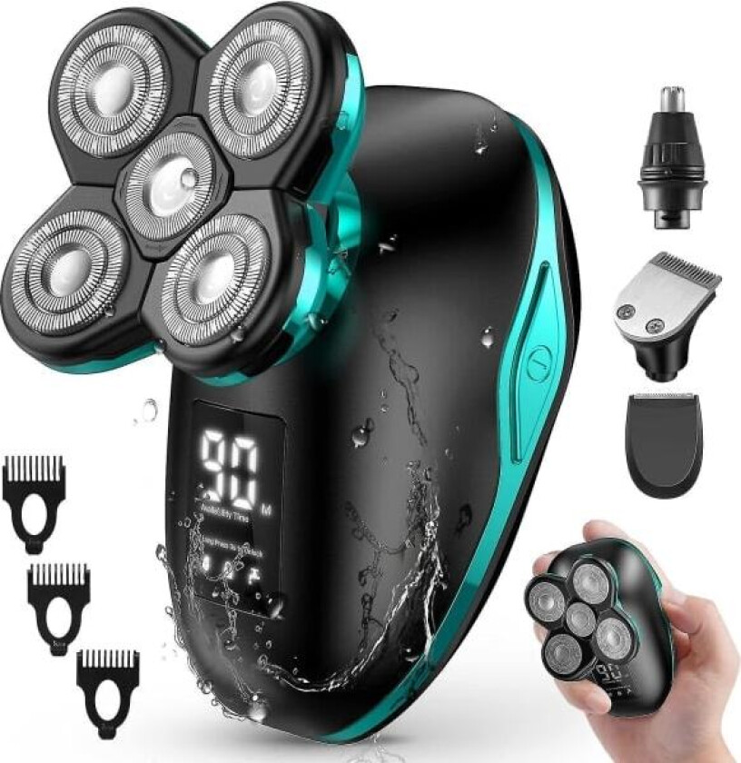 Hoderakemaskin for Menn, 5 i 1 Rakemaskin for Skallet Hode Trådløs LED Elektrisk Rakemaskin, Våt og Tørr Rakemaskin, IPX5 Vanntett Roter...˜QD