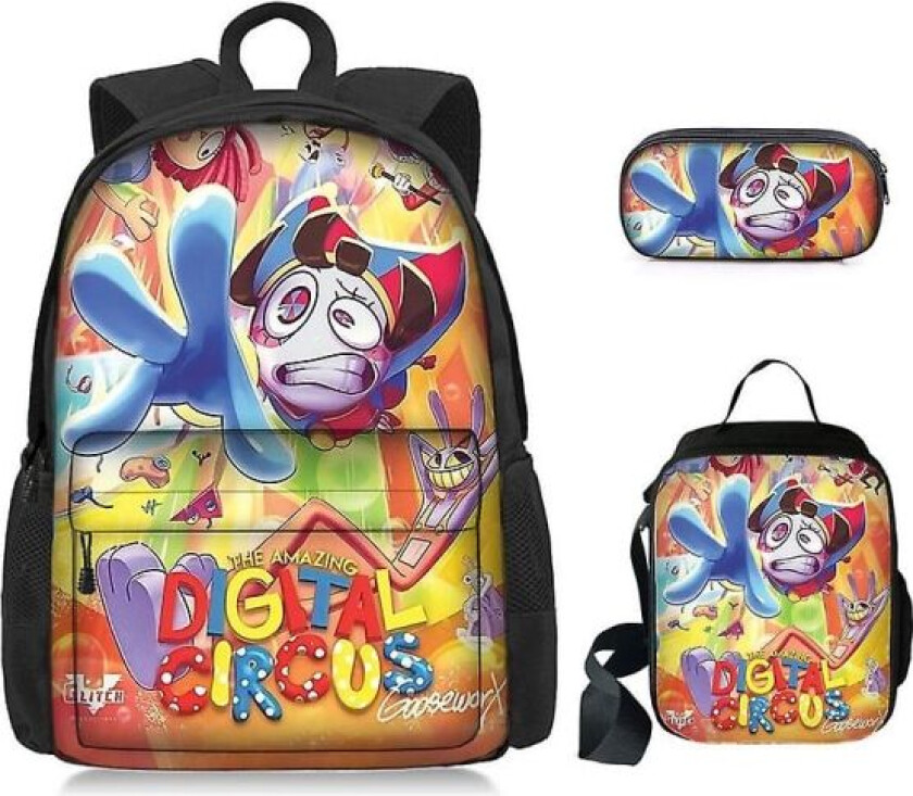 Fantastisk sirkus The AMAZING DIGITAL CIRCUS Student School Bag Tredelt Ryggsekk Enkeltlags Penneveske Termisk Lunsjpose (FMY)