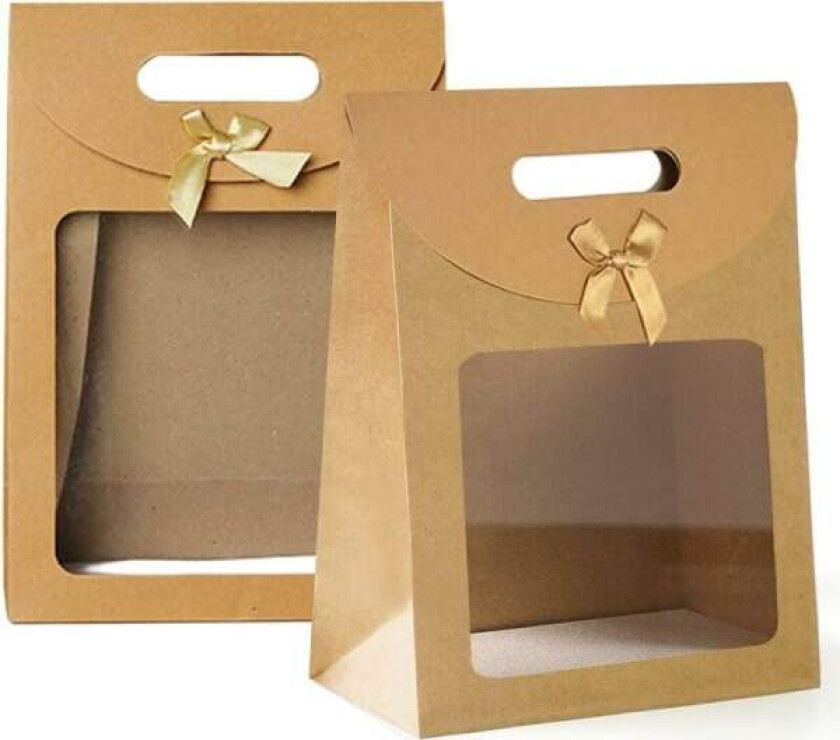 20 stk gaveeske med vindu, gaveeske i kraftpapir, gjennomsiktig gavepose, brun gavepose med håndtak, til innpakning av bankettgaver, godteri, kjeks