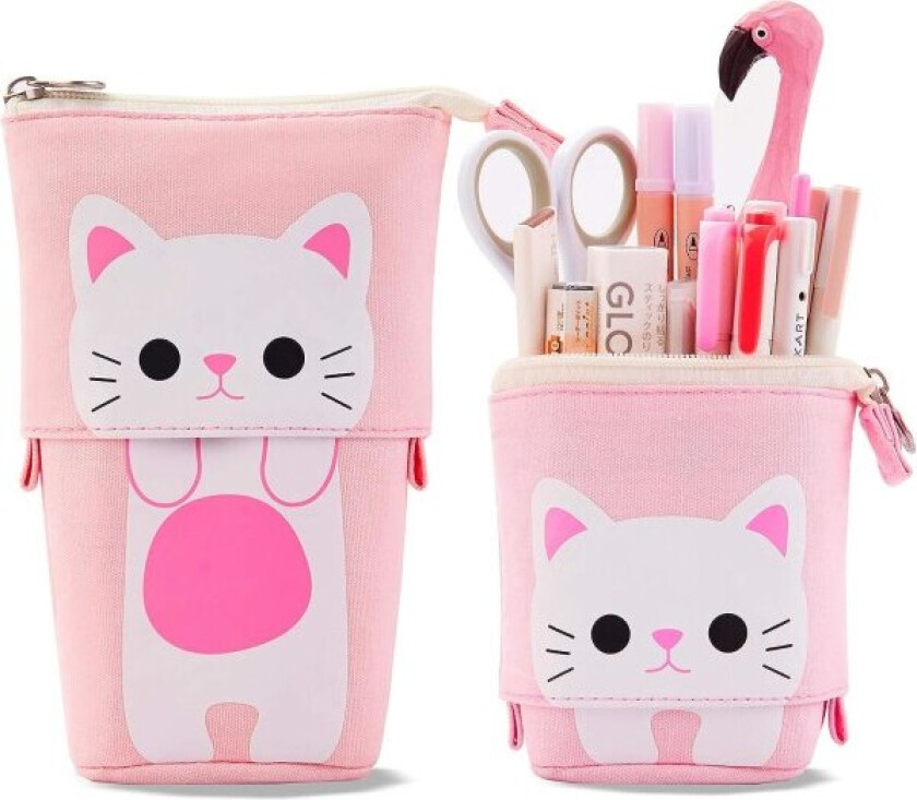 Hvit slitesterk lerret teleskopisk pennal med søt katt