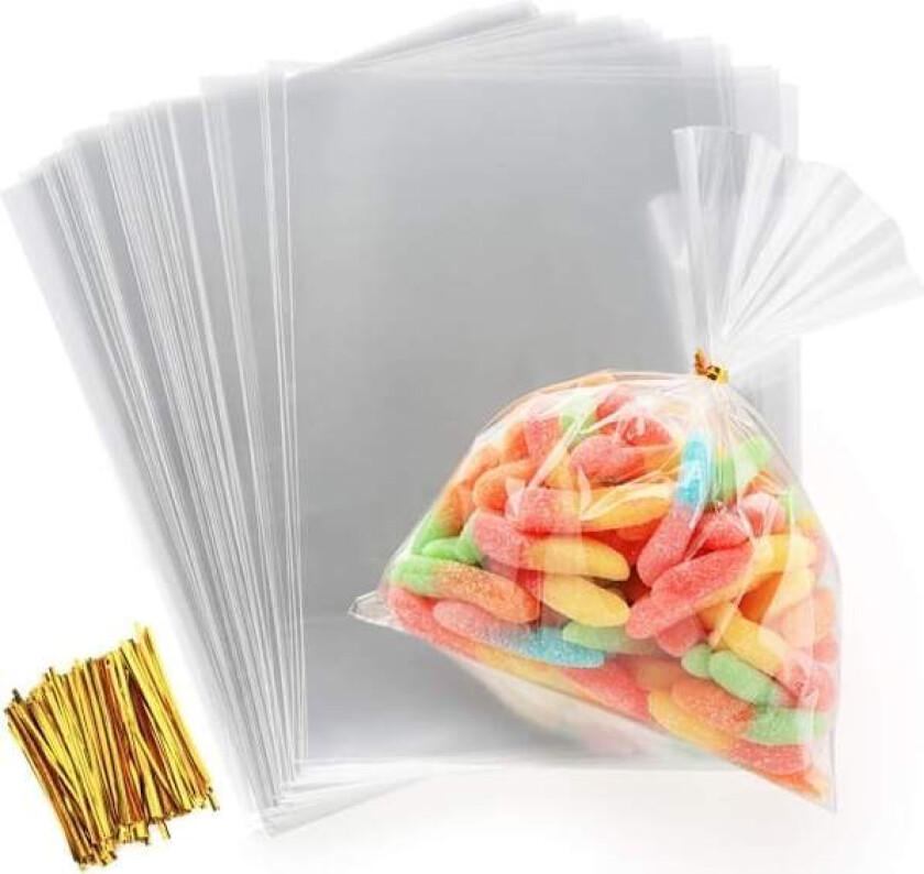 Bilde av 200 stk. Klar Plastpose OPP-pose 15x20cm Cellofan Godteripose Transparent Gavepose med Twist Tie 10cm for
