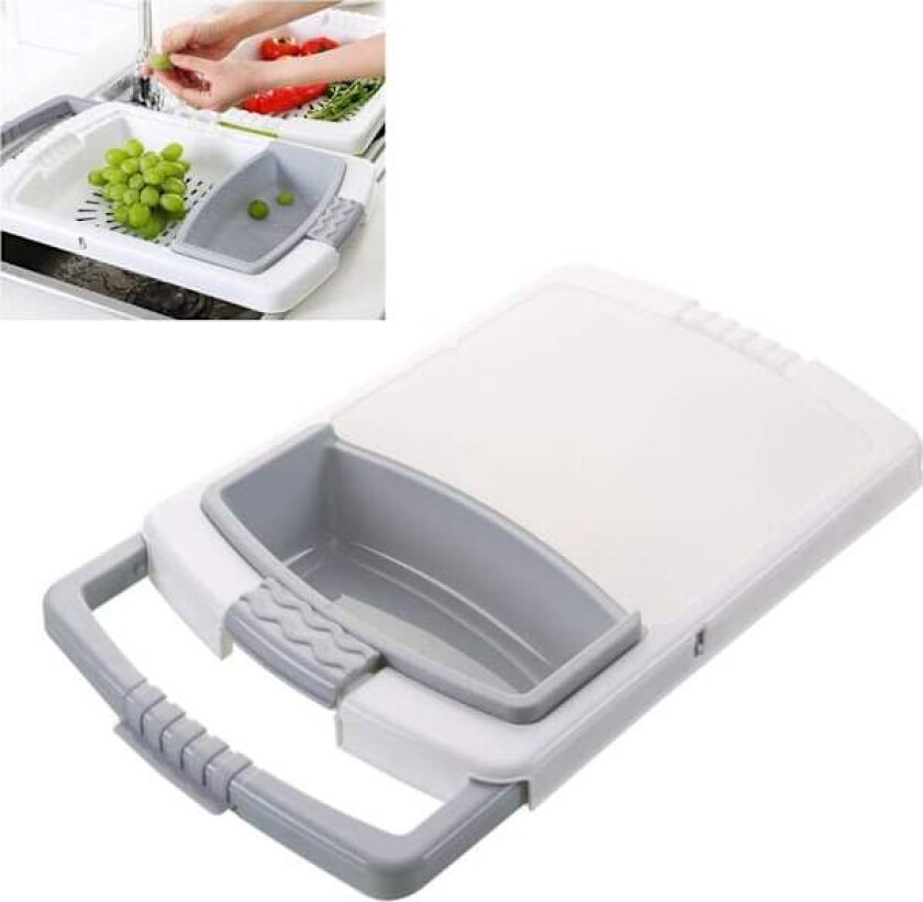 Multifunksjonell skjærebrett for benkeplate, sortering og oppbevaring av frukt og grønnsaker, tre-i-ett uttrekkbart skjærebrett (grå)