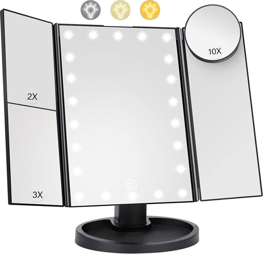 3-sidig sammenleggbar sminkespeil dimbar lys 22LED bordspeil speil - svart