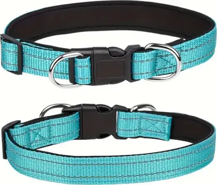 Turkis premium polstret halsbånd med refleks og dobbel D-ring