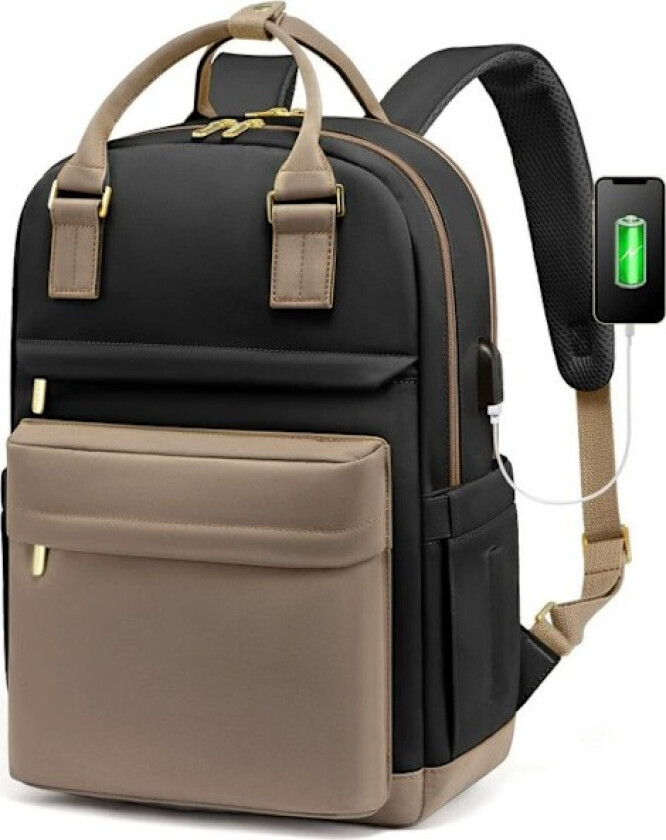 Laptop-ryggsekk for kvinner, 15,6 tommer vanntett tyverisikker fritidsryggsekk for skole med USB-ladeport for jobb, reise, høyskole, skole, Khaki Beige