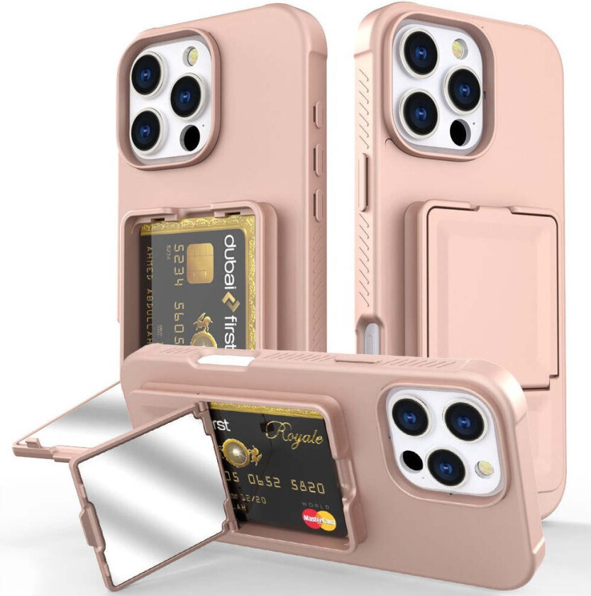 iPhone 16 Pro Max Fleksibelt Plast Deksel med Kortholder & Innebygd Speil – Rose Gold