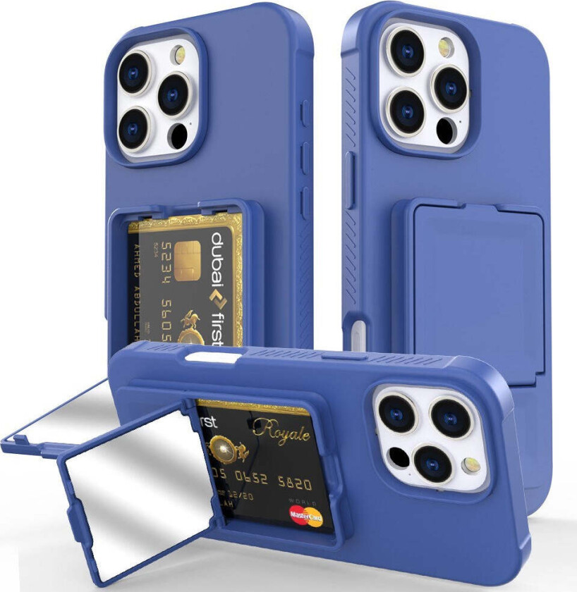 iPhone 16 Pro Max Fleksibelt Plast Deksel med Kortholder & Innebygd Speil – Blå