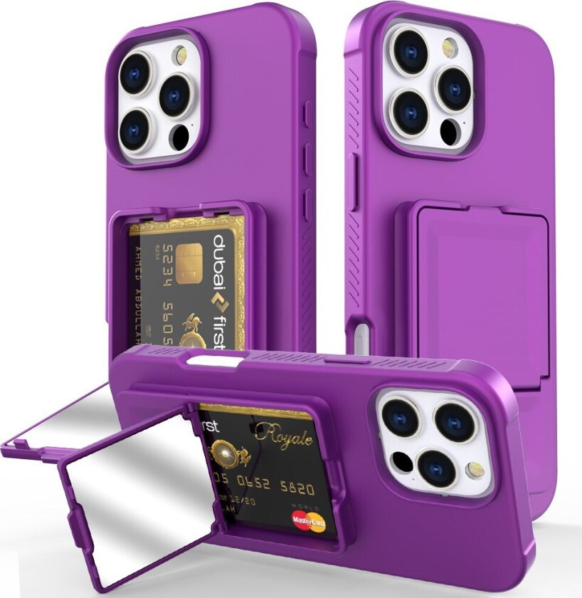 iPhone 16 Pro Fleksibelt Plast Deksel med Kortholder & Innebygd Speil – Mørk Lilla