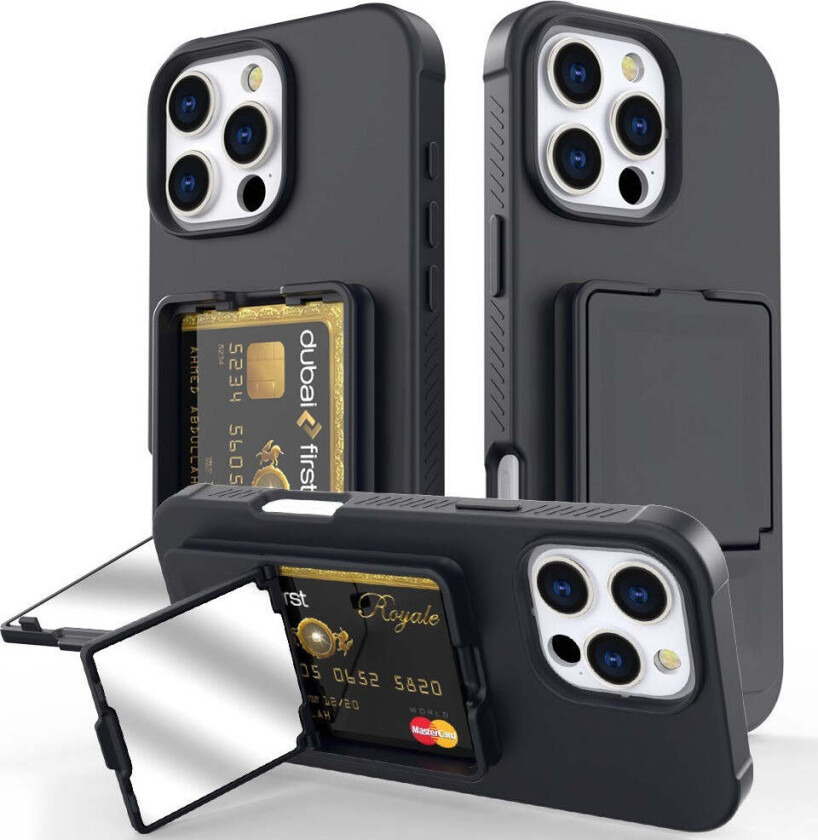 iPhone 16 Pro Max Fleksibelt Plast Deksel med Kortholder & Innebygd Speil – Svart