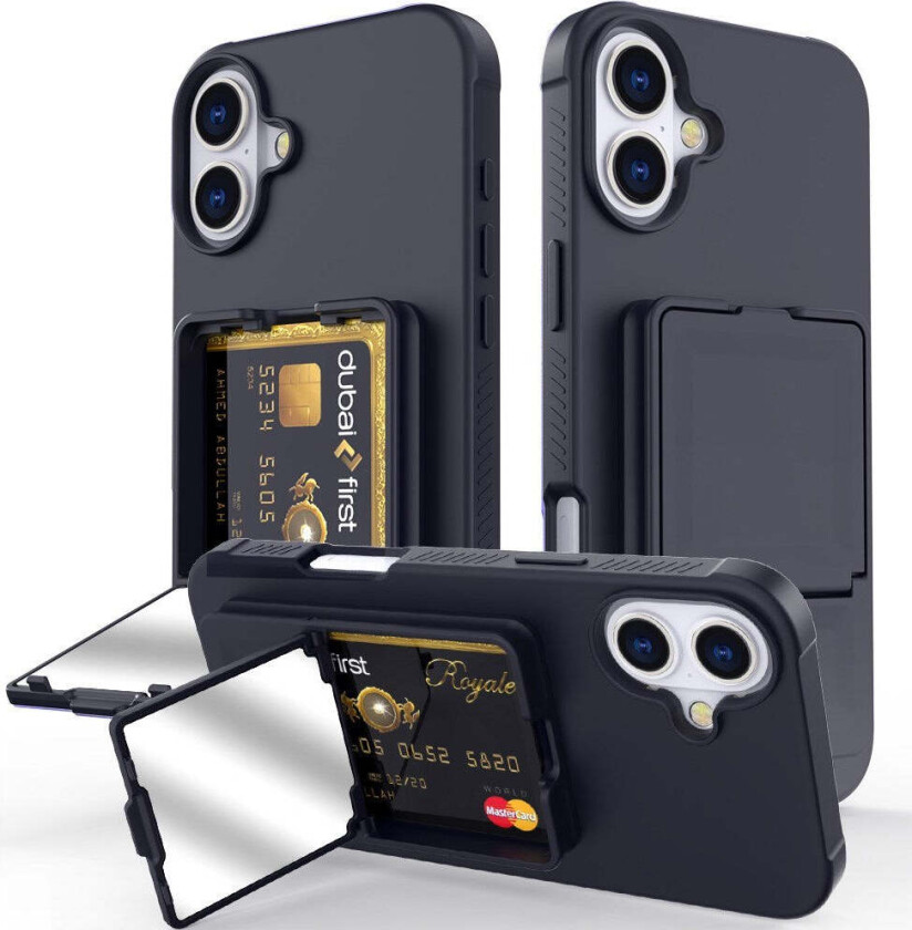 iPhone 16 Fleksibelt Plast Deksel med Kortholder & Innebygd Speil – Svart