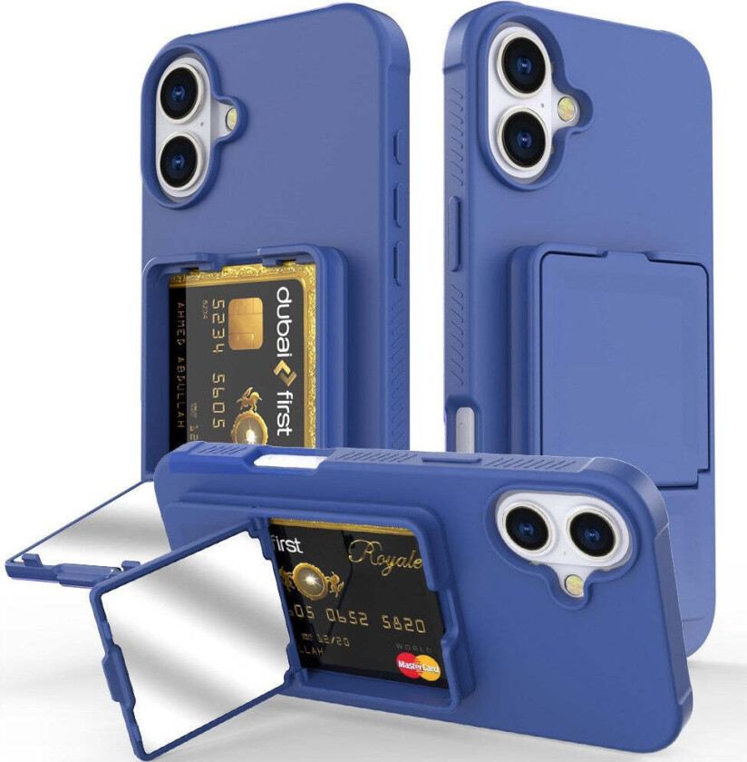 iPhone 16 Plus Fleksibelt Plast Deksel med Kortholder & Innebygd Speil – Blå