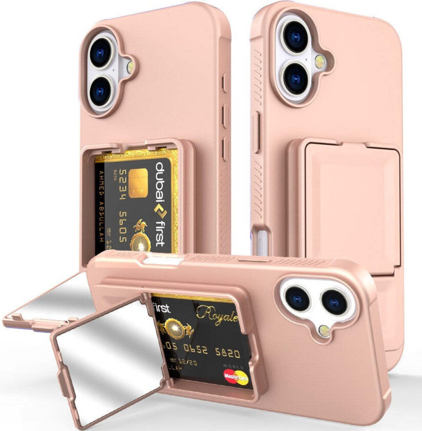 iPhone 16 Fleksibelt Plast Deksel med Kortholder & Innebygd Speil – Rose Gold
