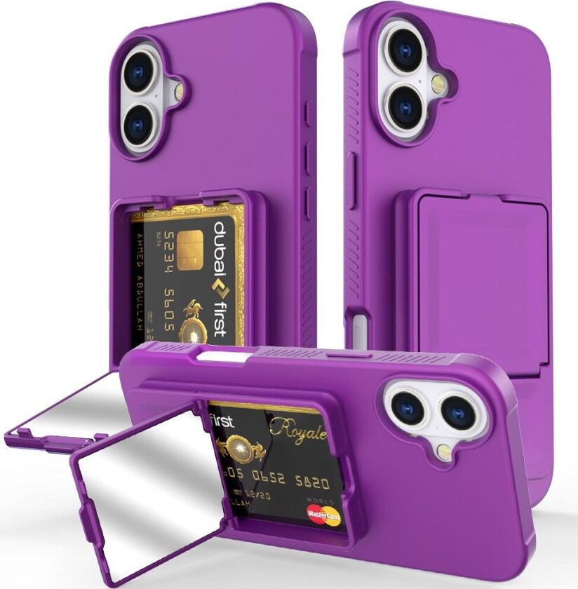 iPhone 16 Fleksibelt Plast Deksel med Kortholder & Innebygd Speil – Mørk Lilla
