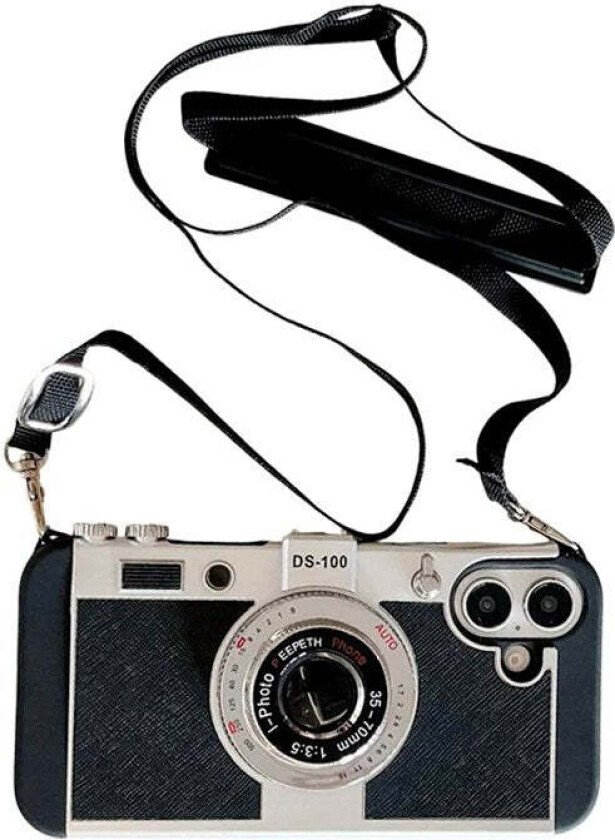 iPhone 16 Retro Kamera Deksel med Skulderstropp – Svart