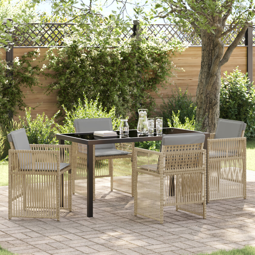 5 Delt Hage Spisebordsett med Puter i Beige Poly Rattan, Hagebord i Svart 140x80x73 cm med Herdet Glass