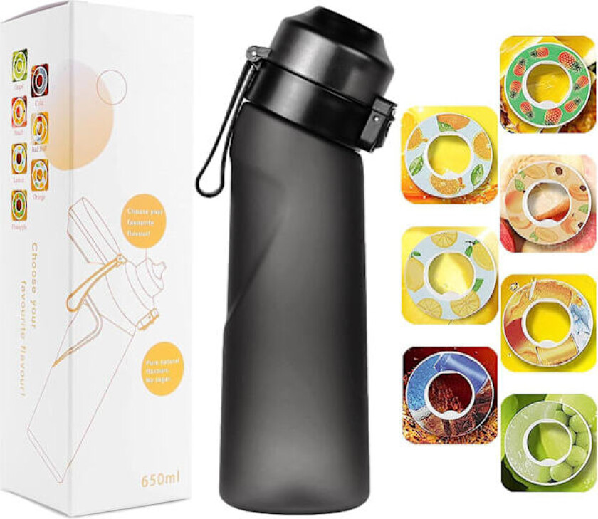 Smaksatt vannflaske med 7 smakspods Air Water Up flaske Frostet svart 650ml Air Starter Up Sett Vannkopp for camping Sport Klar Svart Clear Black
