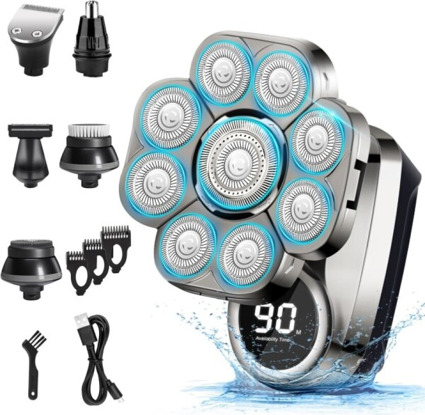 Hodebarber for menn, 9D, IP67 vanntett roterende hode- og skjeggbarberer, 6-i-1 pleiesett elektrisk barbermaskin