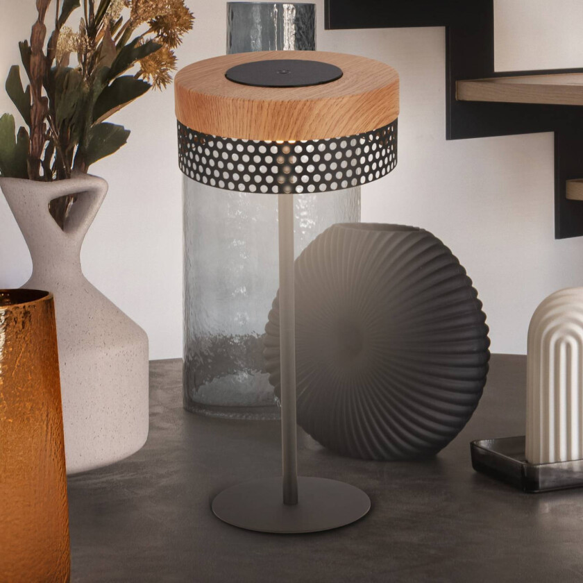 Booha batteridrevet bordlampe, brun, metall, IP44, dimbar