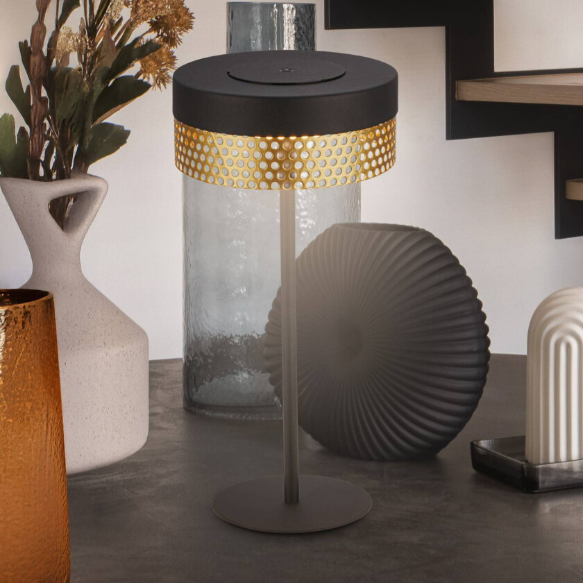 Akkubetjent bordlampe Booha, svart, metall, IP44, dimbar