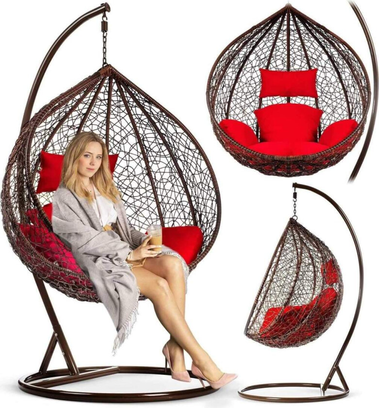 Havana brun hengende hagestol + røde puter Sofotel