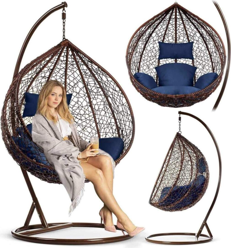 Havana brun hengende hagestol + mørkeblå puter Sofotel