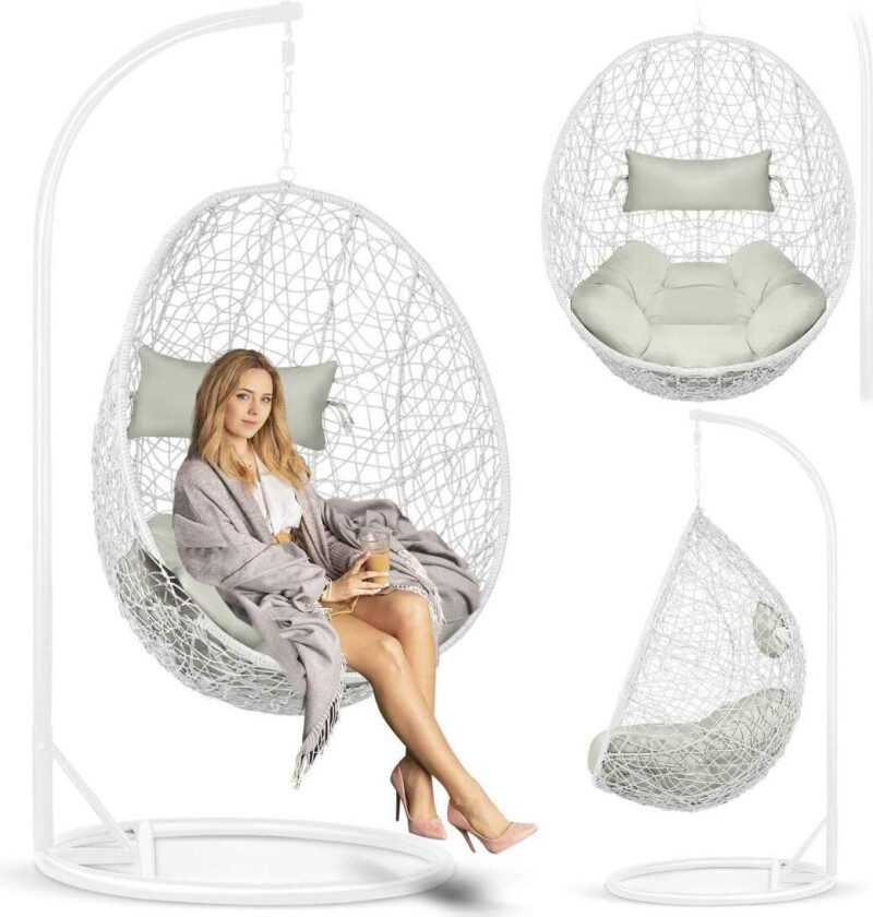 Brava hengende hagestol hvit + grå puter Sofotel