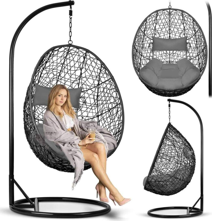 Brava sort hengende hagestol + grå puter Sofotel