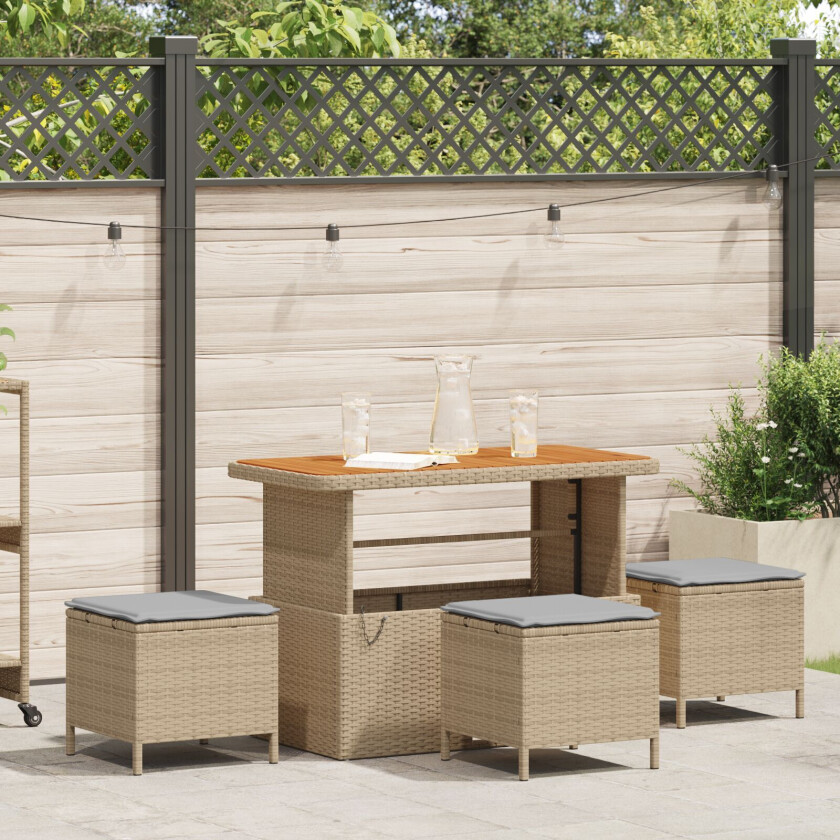 4 Delt Hage Spisegruppe med Puter Beige Poly Rattan Akasie