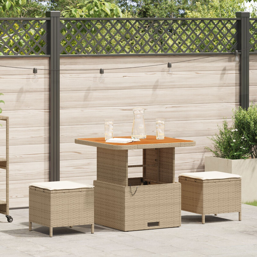 3-delt hage spisegruppe med puter beige poly rattan akasietre