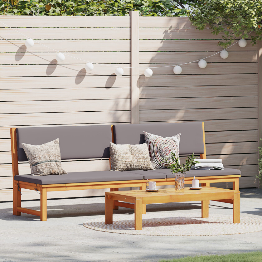 Solseng med 3-i-1 funksjon og lysegrå puter i solid akasietre