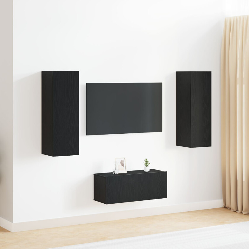 3-delt TV skap sett Veggmontert i Svart Eik, Svart Eik TV-stat 80x30x30 cm Laget av Samlet Tre, Veggmonterte TV skap - 2 stk Svart Eik, 30.5x30x90 cm, Laget av Samlet Tre