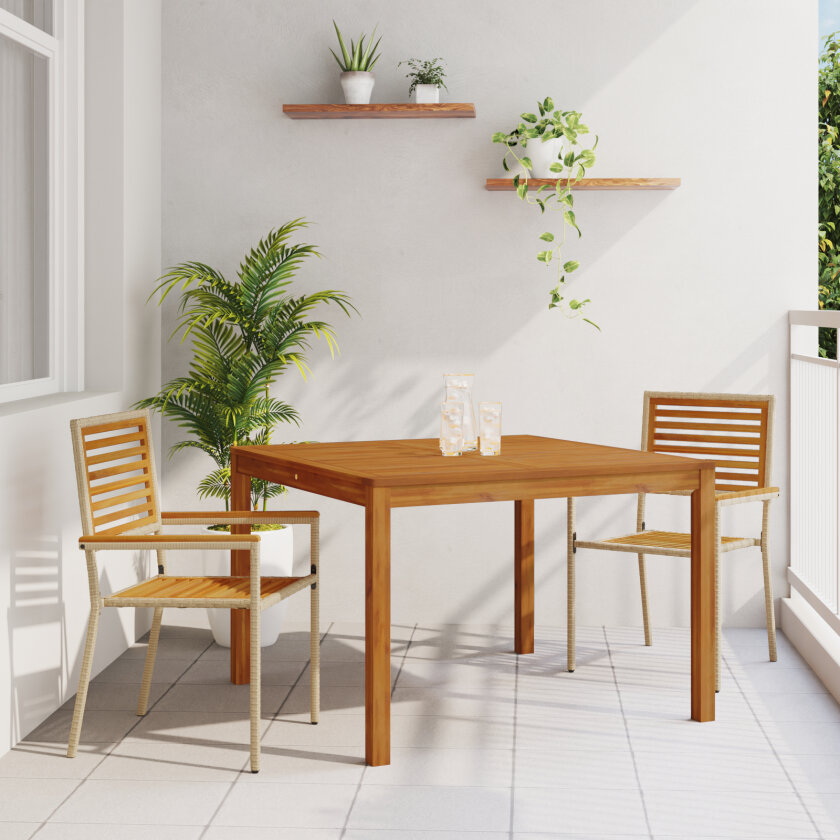 3-delers Hage Spisebordsett Beige Akasietre, Stablebare Hage Stoler med Puter - Sett med 2 i Beige