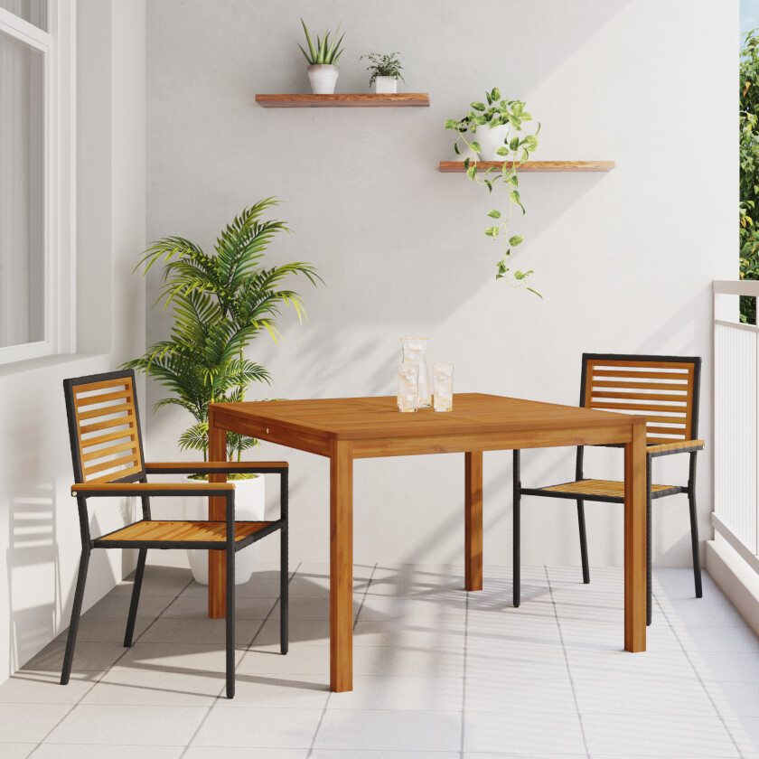 3-delt hagemøblement svart poly-rattan akasietre, stablebare hage stoler med puter 2 stk svart poly-rattan