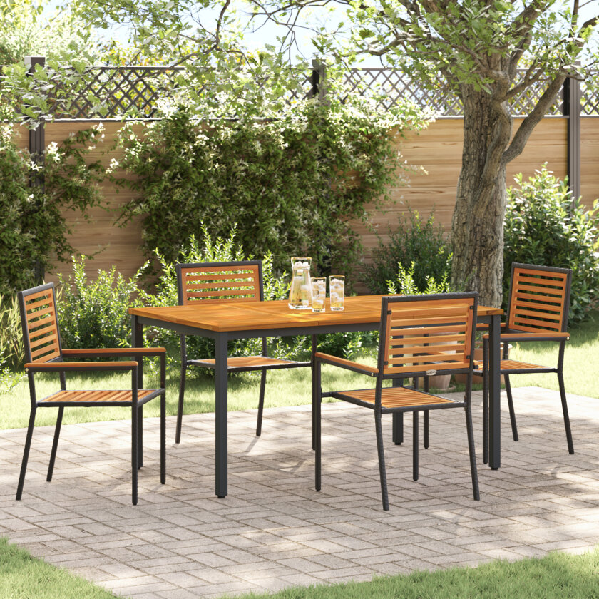 5 Delers Hage Spisestue Set Svart Poly Rattan Akasie, Stablebare Hage Stoler med Puter 2 stk Svart Poly Rattan, Hage Bord 150x90x75 cm Solid Akasie Tre og Metall