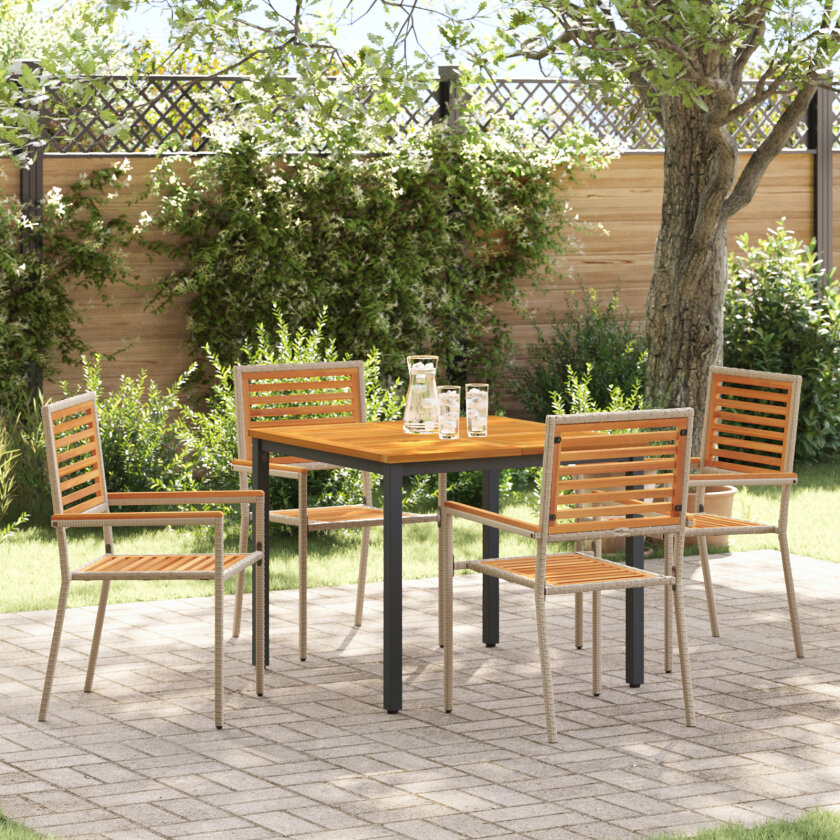 5-delers Hage Spisebordsett Beige Poly Rattan Akasie, Stabelbare Hage Stoler med Puter - Sett med 2 i Beige Poly Rattan, Hagebord 90x90x75 cm Solid Akasie Tre og Metall