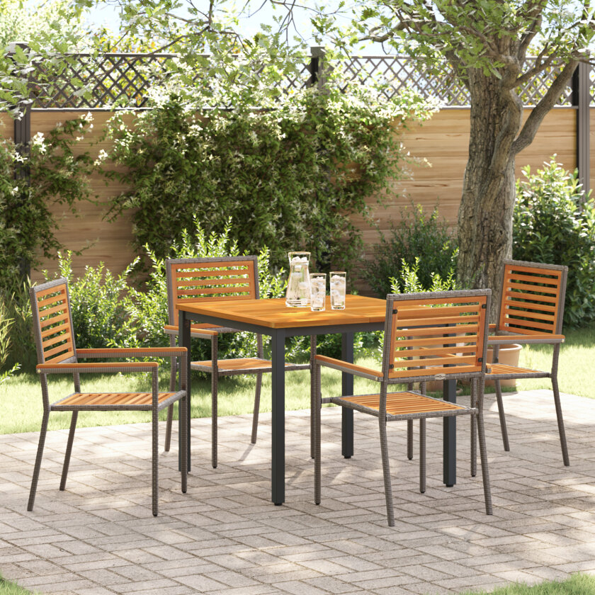 5-delt hage spisegruppe Grå Poly Rattan Akasie, Stabling hagemøbler med puter 2 stk Grå Poly Rattan, Hagebord 90x90x75 cm Solid Akasie Tre og Metall