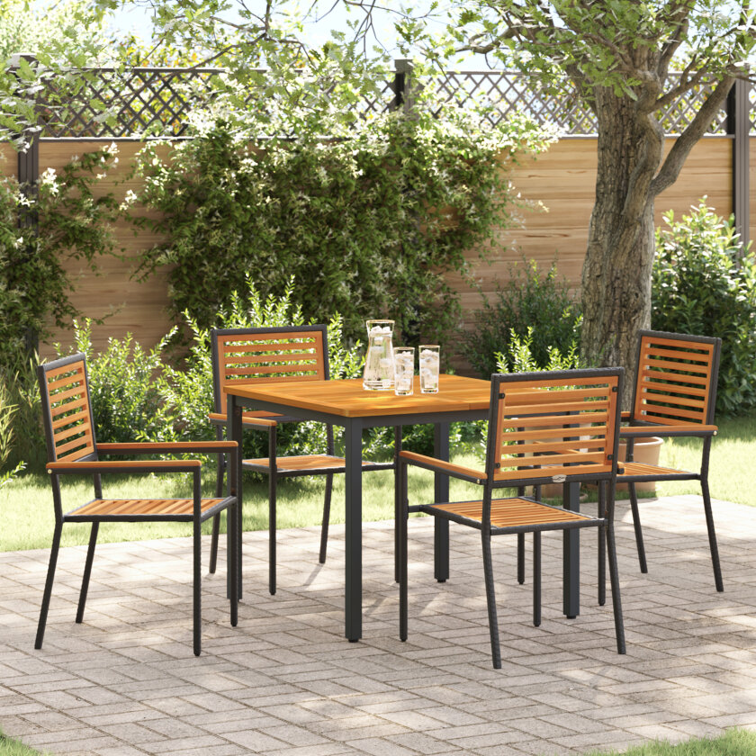 5 deler hagemøbler svart poly rattan akasie, stablebare hagestoler med puter 2 stk svart poly rattan, hagebord 90x90x75 cm solid akasie tre og metall