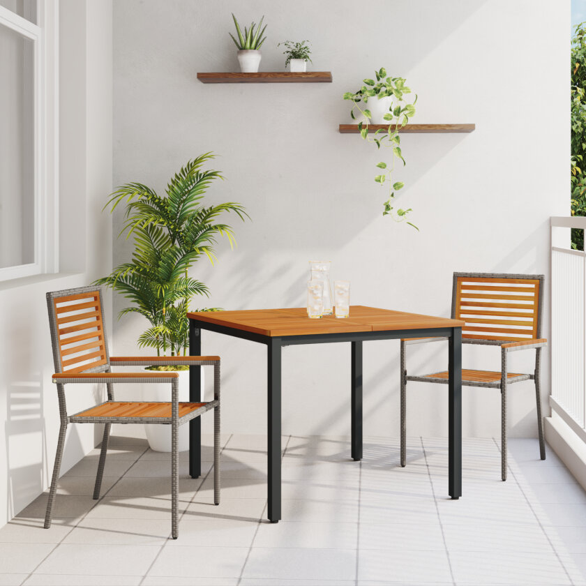 3-delt hagemøbelssett grå polyrotting akasietre, stabelbare hage-stoler med puter 2 stk grå polyrotting, hagebord 90x90x75 cm solid akasietre og metall