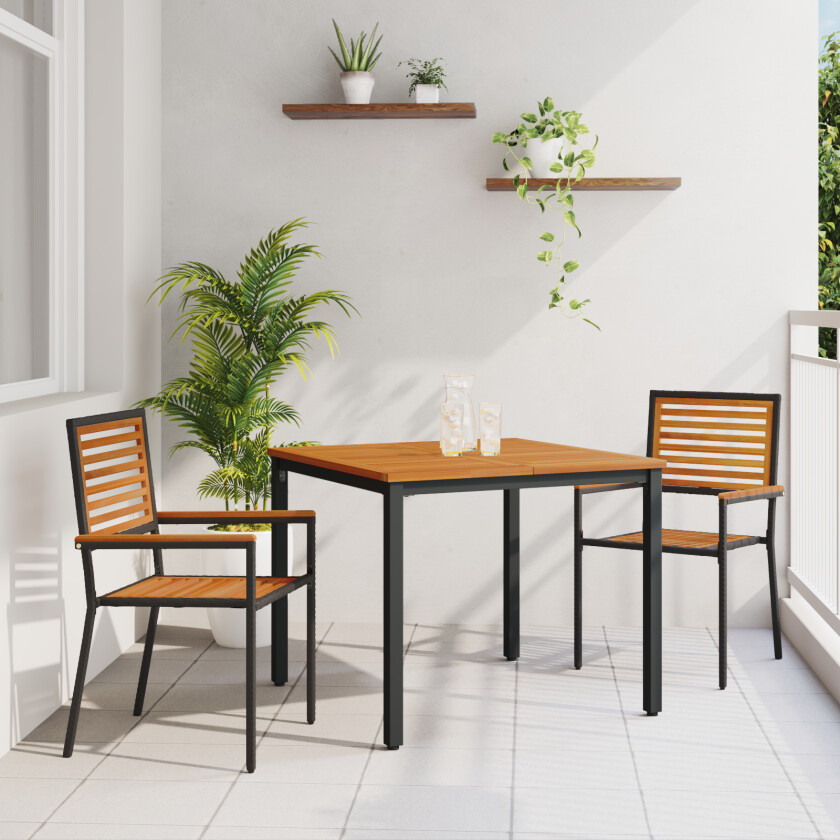 3 Deler Hage Spisegruppesett Svart Poly Rattan Akasie, Staplebare Hage Stoler med Puter 2 stk Svart Poly Rattan, Hage Bord 90x90x75 cm Solid Akasietre og Metall
