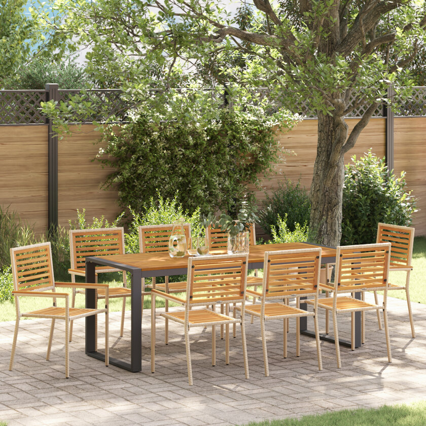 9 Delers Hage Møbelgruppe Beige Poly Rattan Akasie, Stablebare Hage Stoler med Puter - Sett av 2 i Beige Poly Rattan